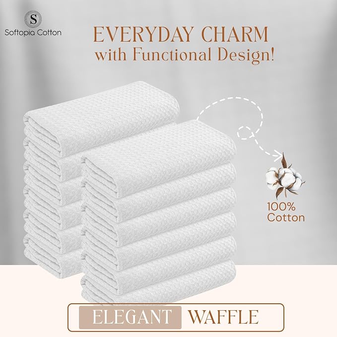 White Waffle Kitchen Towels Set of 4-100% Cotton, Super Absorbent, Soft, Quick Drying, 16x26 Inches, with Hanging Loop, Perfect for Dish Drying, Cleaning, Bar & Everyday Use