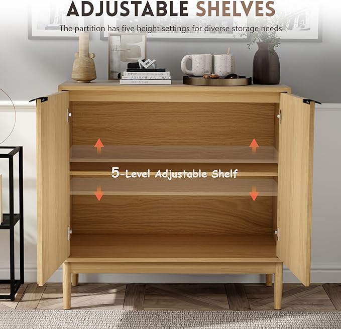Fluted Cabinet with Storage, Buffet Cabinet Sideboard with Door, Kitchen Buffet Storage Accent Cabinets with Adjustable Shelves for Living Room, Entry, Hallway, Natural