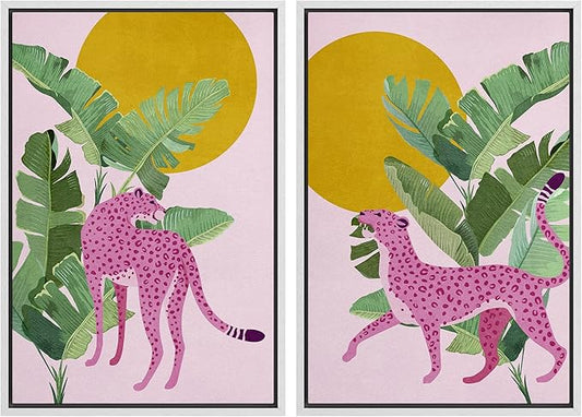 IDEA4WALL Framed Canvas Print Wall Art Set Tropical Jungle Banana Leaf Pink Cheetah Cat Nature Wilderness Digital Art Modern Art Decorative Animal for Living Room, Bedroom, Office - 16"x24"x2 White