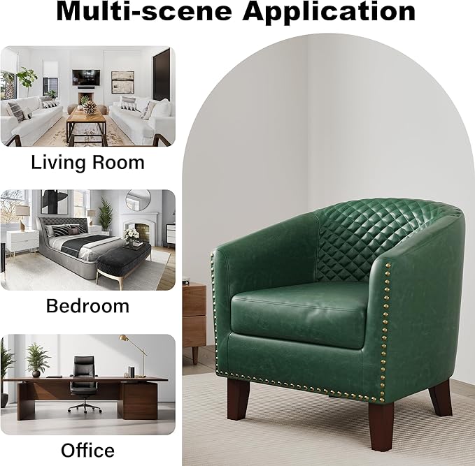 Accent Barrel Chair, Upholstered Faux Leather Club Chair with Nailed Trim, Comfy Reading Armchair for Living Room Bedroom Reception Room Office (Dark Green, Set of 1)