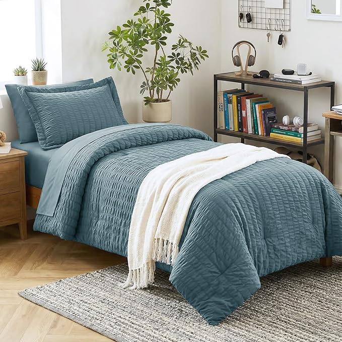 CozyLux Twin XL Comforter Set Mineral Blue, 5 Pieces Seersucker Twin Extra Long Bed in a Bag, College Dorm Down Alternative Bedding Set with Comforter, Sheets, Pillowcase & Sham, Back to School Gift