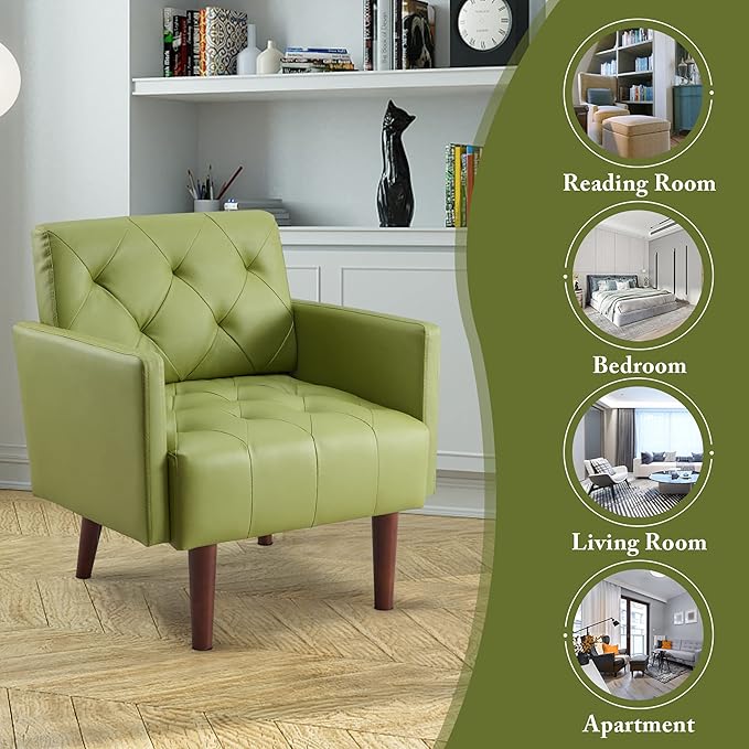 Faux Leather Accent Chair Modern PU Armchair, Retro Tufted Upholstered Arm Chair, Comfy Leather Club Chair Single Sofa for Living Room, Bedroom, Reading Room, Apartment(Green)