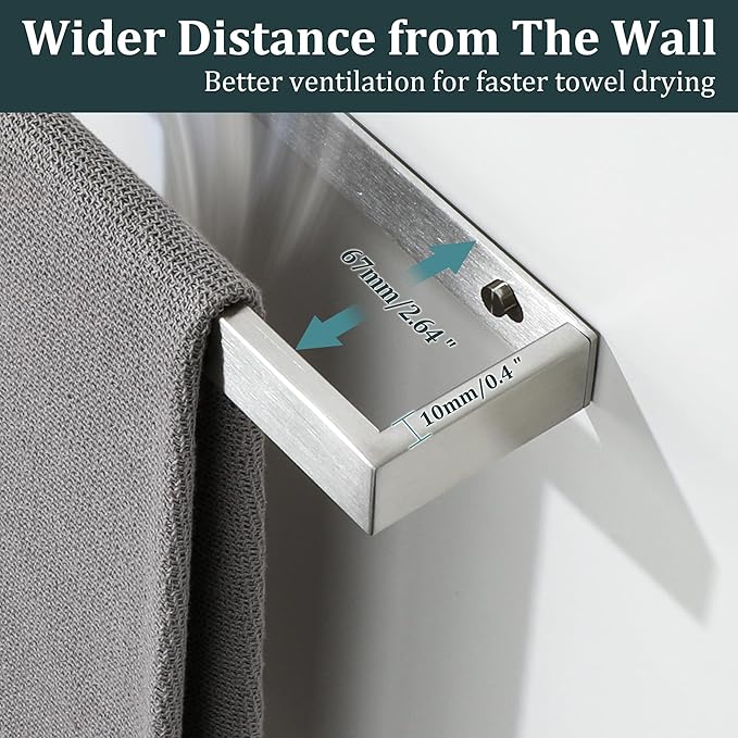 Sayayo Brushed Nickel Towel Bar for Bathroom Wall, 8 Inch Hand Towel Holder, Screw or Self Adhesive Towel Ring Square SUS304 Stainless Steel, 3.2 Inch Wider Design