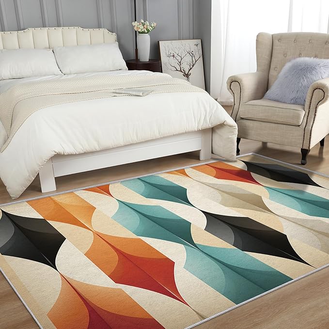 Geometric Rugs for Bedroom - Washable Mid Century Modern Rugs for Living Room - 6x7 ft - Abstract MCM Design Area Rug & Home Decor - Colorful Indoor Carpet with Non Slip Backing