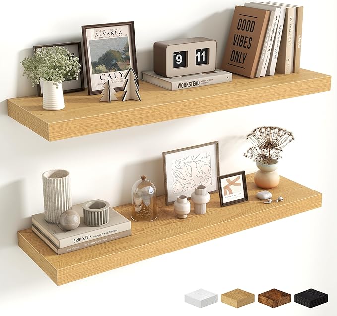 Fun Memories Floating Shelves for Wall 36 Inches, Wood Shelves with Invisible Bracket, 10" Deep Shelves Wall Mounted, Large Wood Floating Shelves for Living Room Bathroom, Oak, Set of 2
