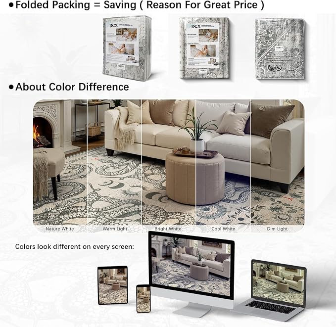 DCX Washable 3x5 Snake Rug, Beige Gothic Rug for Living Room, Soft Low Pile Carpet, Kid & Pet Friendly with Rubber Back Non Slip, Stain Resistant Rug for Bedroom Dining Room Office