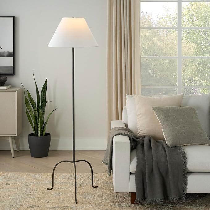 Nourison 66" Black Wrought Iron Heritage Metal Slim Tripod Standing Floor Lamp for Modern, Industrial, Minimalist Living Room, Bedroom, Dining Room, Reading