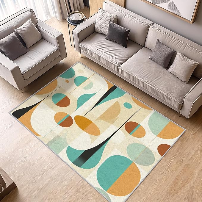 Retro Mid Century Rug 7x8, Washable Modern Geometric Rugs for Living Room Bedroom, Abstract Mid-Century Area Rug for Home Decor, Non Slip Backing Floor Carpet - 7 x 8 ft