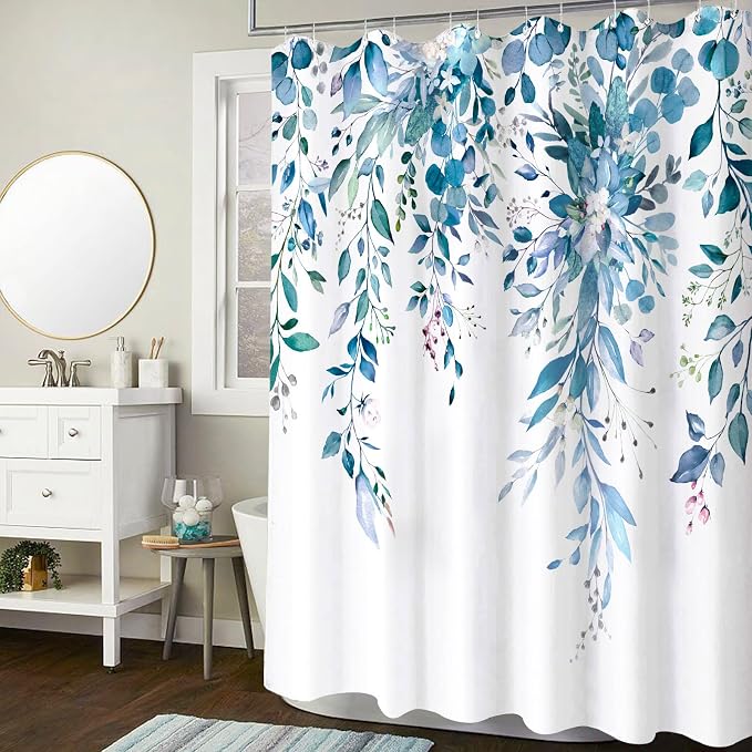 Blue Eucalyptus Shower Curtain Watercolor Floral Plant Leaf Shower Curtains for Bathroom Botanical Flower Waterproof Fabric Bath Curtain Decor with Hooks (Blue, 72'' x 72'')