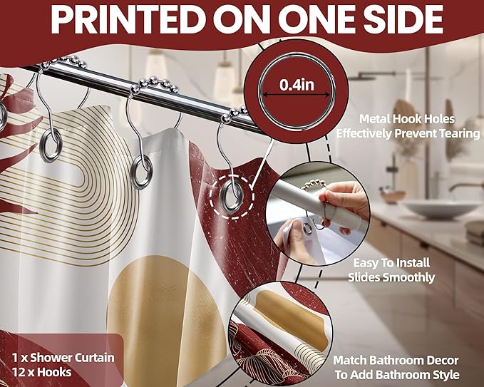 Red and Gold Shower Curtain Burgundy Dark Red and White Shower Curtains for Bathroom Decor Abstract MCM Bath Curtain Set, Waterproof Fabric with Hooks 70 x 72 Inch