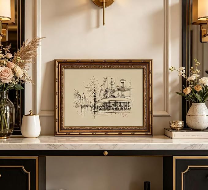 Vintage Gold Framed Black and White Sketch Wall Art French Cafe Sketch Canvas Prints Retro Paris City Landscape Poster Artwork French Bistro Wall Decor for Dining Room Kitchen Urban Decor 9x11in