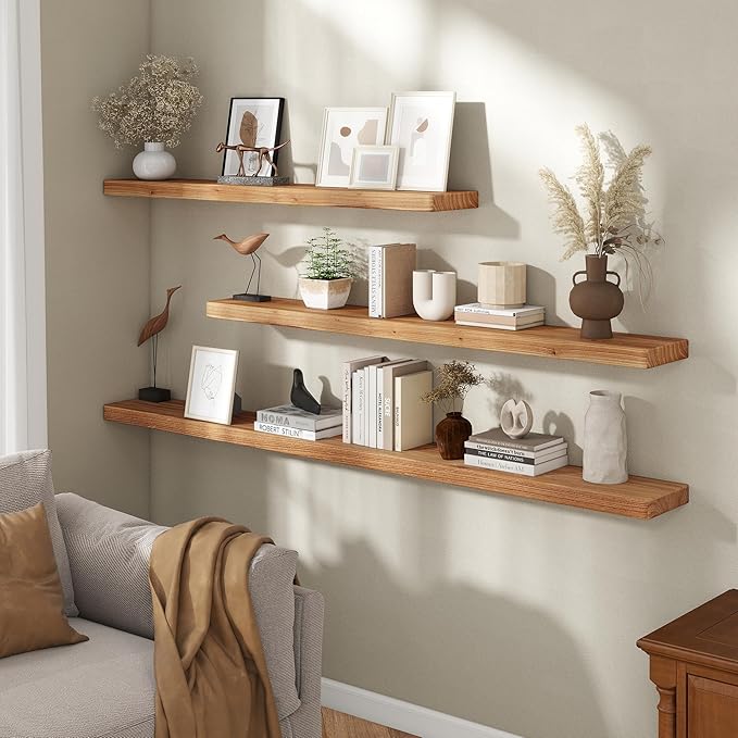 Fun Memories Rustic Elm Wood Floating Shelves, Wooden Wall Shelves 40 Inch Long Set of 2, Heavy-Duty Bathroom Shelf for Wall, Solid Wood Storage Shelf for Kitchen, Bedoom, Office
