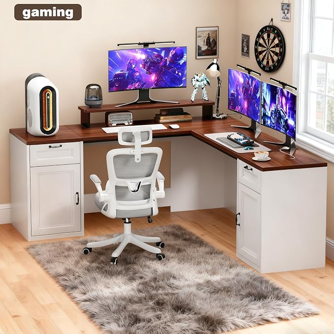 HUAHUU 78" Farmhouse L Shaped Executive Desk with Drawers, Modern Computer Desk with Power Outlets, Office Writing Desk with Monitor Stand & Storage Cabinet, Printer Shelf, Antique White