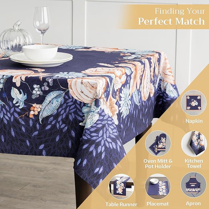 Maison d' Hermine Table Cloth Rectangle Table 100% Cotton 70 x 90 Inches Fall Tablecloth Reusable Everyday Use for Thanksgiving Christmas Decorations Dining Farmhouse Party (Pumpkin Blues)