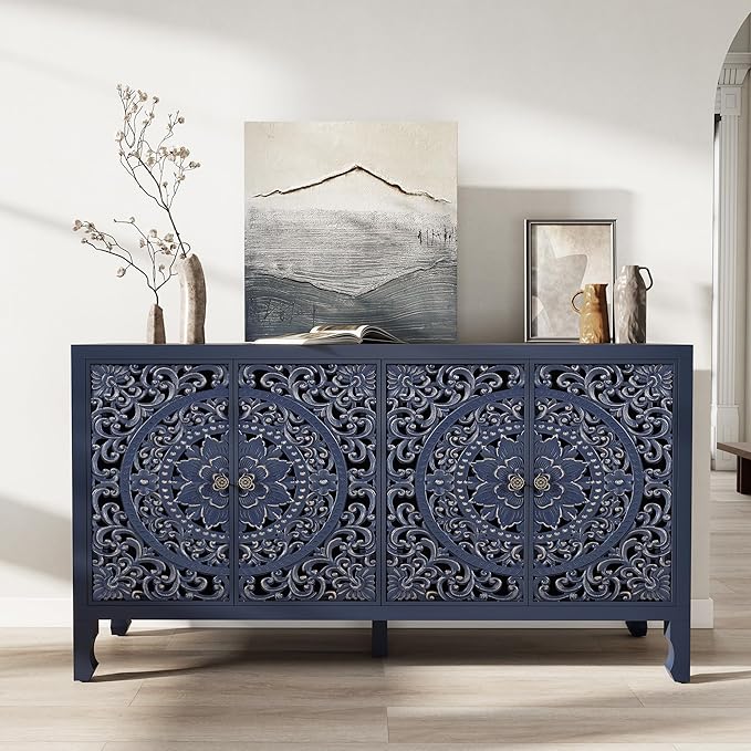Buffet Cabinet with Storage, Accent Cabinet with 4 Carved Doors, Solid Wood Sideboard with Adjustable Shelf, Vintage Cabinets for Kitchen, Living Room, Entryway, Blue