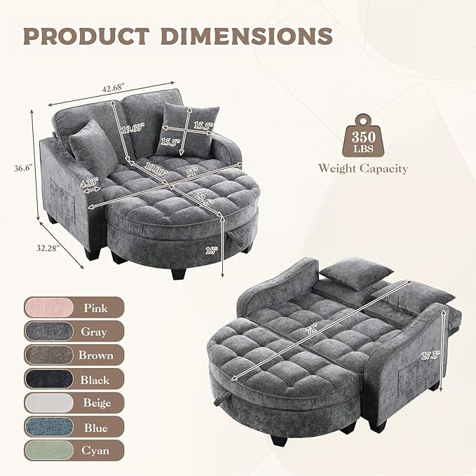 Oversized Curved Chaise Lounge Chair Indoor with Ottoman, 54.8" Cloud Boneless Reading Chair Soft Chenille Circle Couch w/Adjustable Backrest for Living Room, Apartroom, Bedroom, Grey
