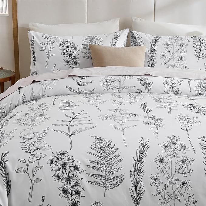 Cozeline 100% Cotton Duvet Cover Queen Size, Black and White Leaf Pattern Bedding Set with Zipper Closure, 3 Pcs Breathable and Soft Floral Duvet Cover for All Season