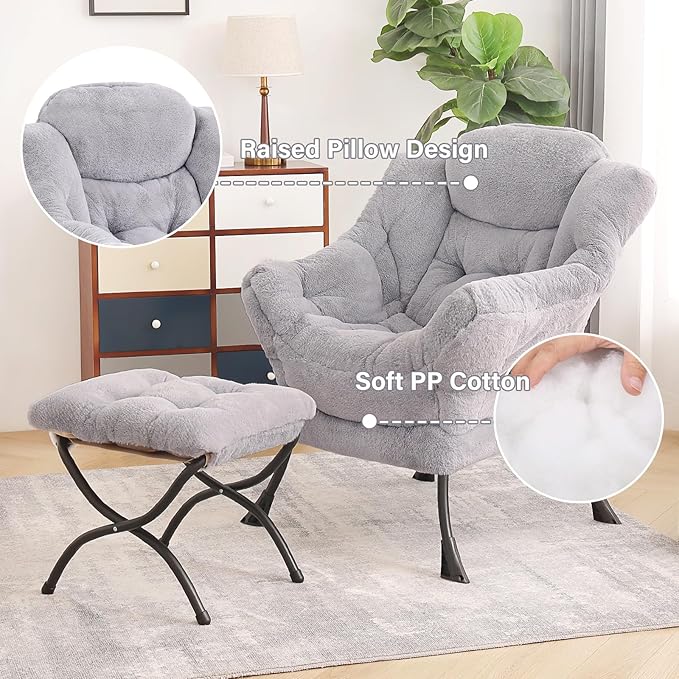 Tiita Lazy Chair with Ottoman, Light Grey Modern Large Accent Armchair, Comfy Leisure Sofa Reading Chair with Footrest for Bedroom, Living Room, Dorm Rooms, Garden, Plush Light Grey