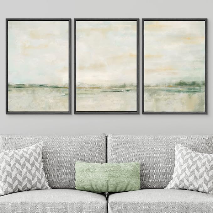 SIGNWIN Framed Canvas Print Wall Art Set Grunge Tan Green Pastel Landscape Shapes Abstract Illustrations Modern Art Decorative Nordic Calm/Zen for Living Room, Bedroom, Office - 16"x24"x3 Black