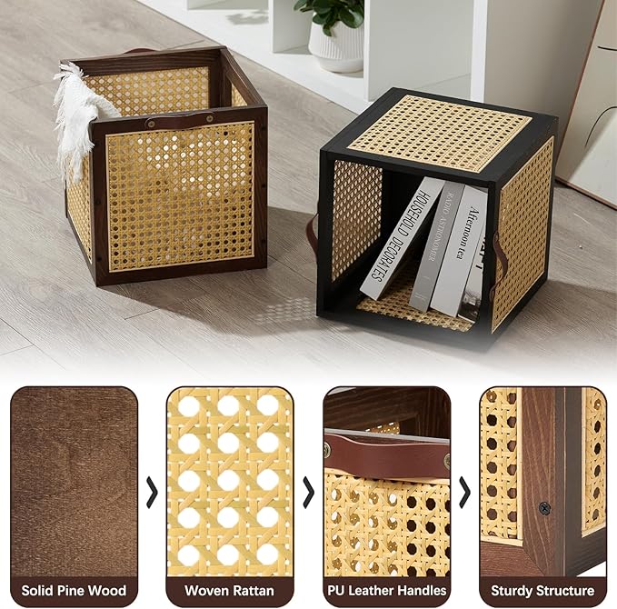 2PCS Rattan Storage Cubes Wooden Storage Baskets Boxes Decorative Natural Handmade Bohemian Solid Wood Woven Wicker Cane Bin Closet Shelf Clothes Organizer Books Magazine Holder (Walnut)