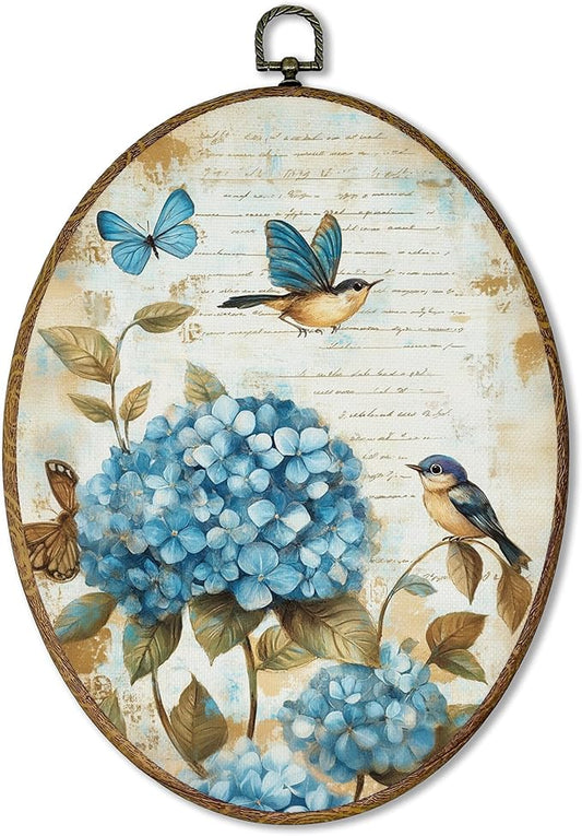 AEHIE Vintage Hydrangea Oval Wall Art Decor, Cottagecore Blue Bird Butterfly Canvas Artwork Framed, Rustic Country Floral Botanical Oval Wall Art for Home Bedroom Living Room Decor, 11x8.5 Inches