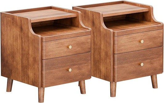 Solid Wood Nightstand Set of 2, Pre-Assembled, 19.7”H Mid Century Modern Night Stand with Drawers, Open Sliding Shelf, Small Bedside Table for Bedroom, End Side Table, Walnut