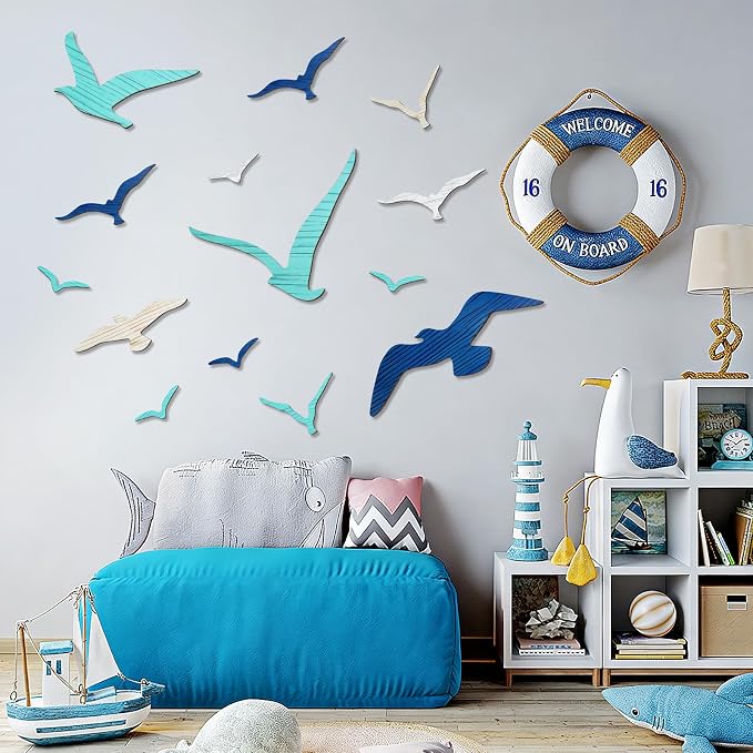 Meching 14Pcs Wooden Seagull Wall Decor, Nautical Coastal Theme Beach Wall Art, Self-Adhesive Sea Birds Ocean Sculpture Vintage Ornaments for Home Living Room Kitchen Bathroom Bedroom Office