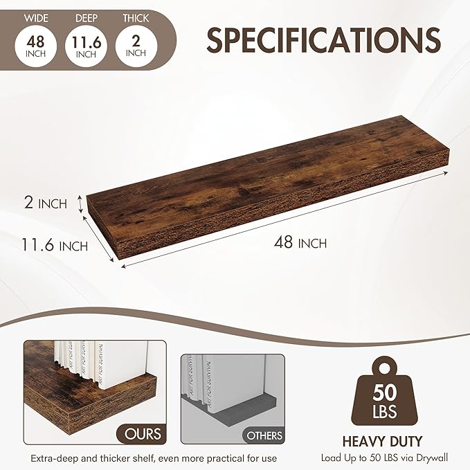 48 Inch Floating Shelves, 12" Deep Floating Shelf Wall Mounted, 48" Wall Shelves, Rustic Deep Bookshelf, Extra Deeper & Thicker Display Shelves for Bedroom, Living Room, Brown, Set of 2