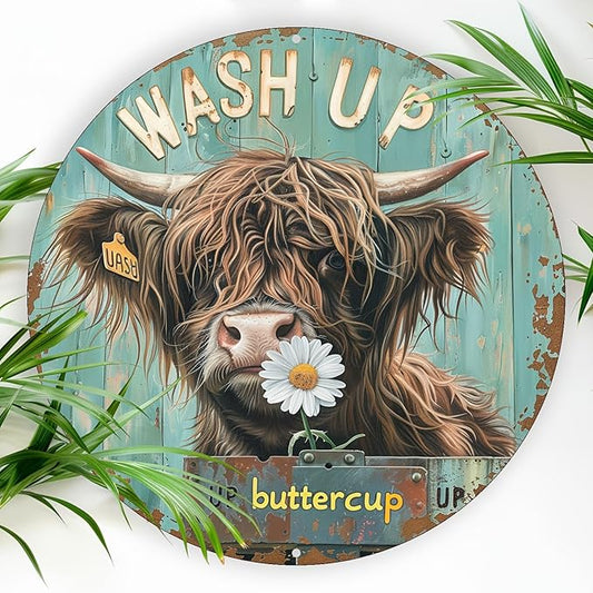 Round Aluminum Highland Cow Wall Art Sign with Daisy - Waterproof, UV Resistant Wash Up Buttercup Metal Poster Board for Cafe, Bedroom, Bar, Living Room Decor, 8x8 inch