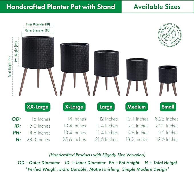 D'vine Dev 8 Inch Modern Geometric Tile Patterned Sleek Planter Pot with Stand, Indoor Outdoor Decorative Plant Holder, Matte Black, 88-Z-A-2
