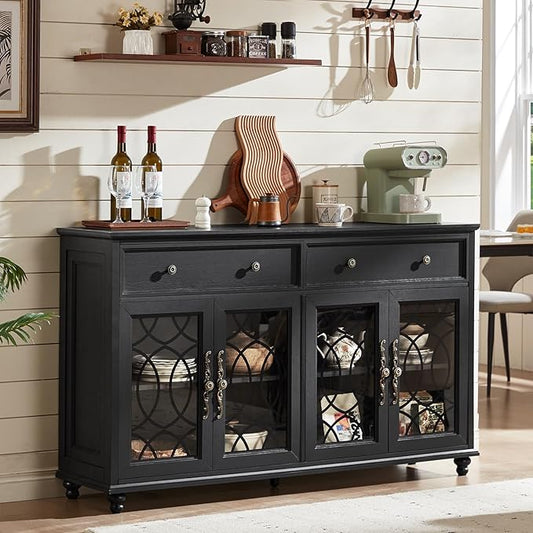 Large Sideboard Buffet Cabinet with Storage,59" Credenza with 4 Glass Doors & 2 Drawers,Adjustable Shelves Coffee Bar,Wood Kitchen Console Table for Dining Room,Living Room,Black