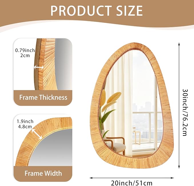 BAODANFU Irregular Rattan Wall Mirrors Decorative, 20"x30" Asymmetrical Decorative Mirror with Boho Handwoven Natural Rattan Frame, Vanity Mirrors for Bathroom, Bedroom, Entryway, Dning Room Decor