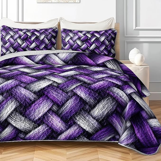 AILONEN Violet Woven Design King Quilted Comforter Set 3 Piece, Contemporary Pattern Bedspread Coverlet with 2 Pillowcases, Luxury Home Decor Bedding