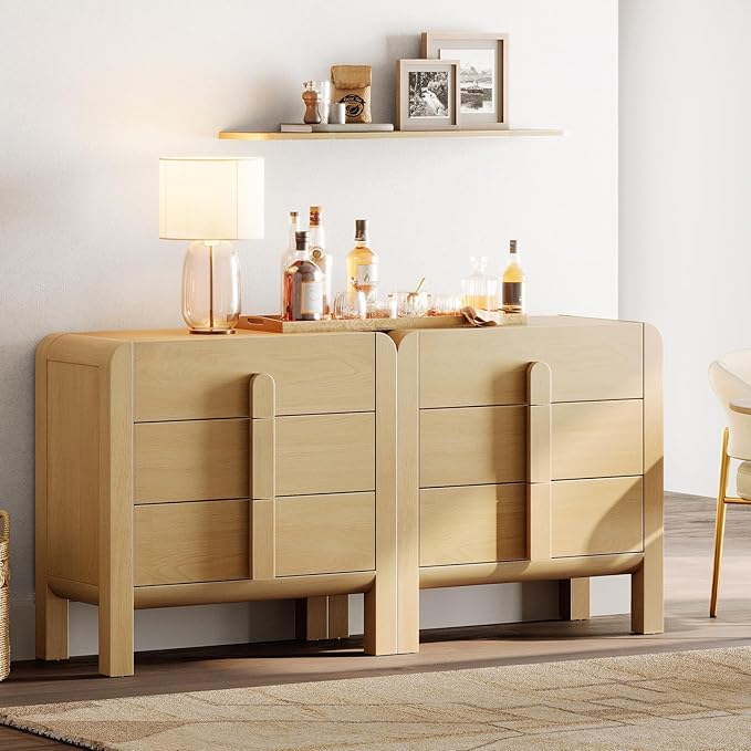 WAMPAT Large Sideboard Buffet Cabinet with Storage with 6 Drawers, Modern French 63" W Buffet Cabinet with Storage, Wood Coffee Bar Cabinets with Curved Edge Design for Kitchen Living Room, Oak