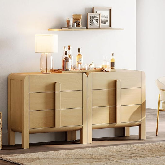 WAMPAT Large Sideboard Buffet Cabinet with Storage with 6 Drawers, Modern French 63" W Buffet Cabinet with Storage, Wood Coffee Bar Cabinets with Curved Edge Design for Kitchen Living Room, Oak