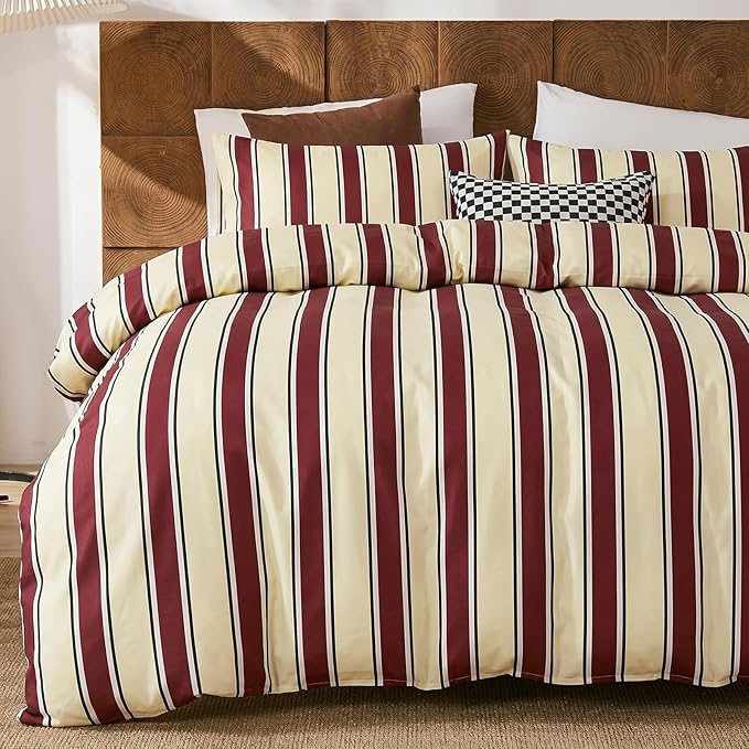 Merryword Red and Cream Striped Duvet Cover Set Queen Size, 100% Cotton Bedding Set with Zipper Closure & 8 Corner Ties, Awning Stripe Bedding, Soft Breathable Comforter Cover for All Seasons