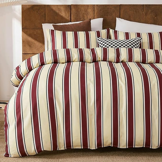 Merryword Red and Cream Striped Duvet Cover Set Queen Size, 100% Cotton Bedding Set with Zipper Closure & 8 Corner Ties, Awning Stripe Bedding, Soft Breathable Comforter Cover for All Seasons