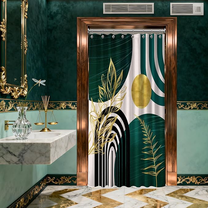 Dark Green Shower Curtain Boho Mid Century Modern Emerald Hunter Green and Gold Shower Curtains for Bathroom Decor, Waterproof Cloth Fabric with Hooks, 48" W x 72" L