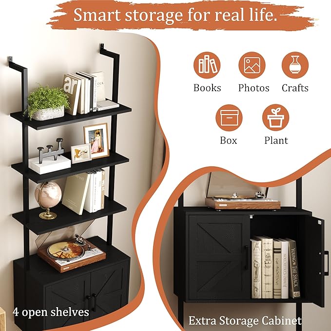 Yusong 73" Tall Bookshelf with Cabinet, Industrial Ladder Wall Mount Shelf Farmhouse Bookcase with Wood and Metal Frame, Plant Shelf Wall Storage Display for Living Room Bedroom, Farmhouse Black