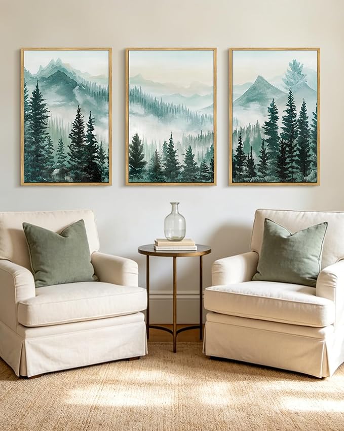 KUVIOKE Fog Pine Tree Mountain Landscape Framed Wall Art Watercolor Nature Misty Forest Painting Vintage Farmhouse Rustic Wall Decor for Bedroom Hallway 24x36in (Natural Framed)