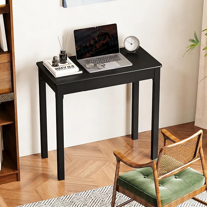 Solid Wooden Desk with Drawers - 32 x 16 Inch Narrow Desks for Small Spaces, Rubberwood Simple Study Table, Small Writing Desk for Bedroom - Modern Black Desks