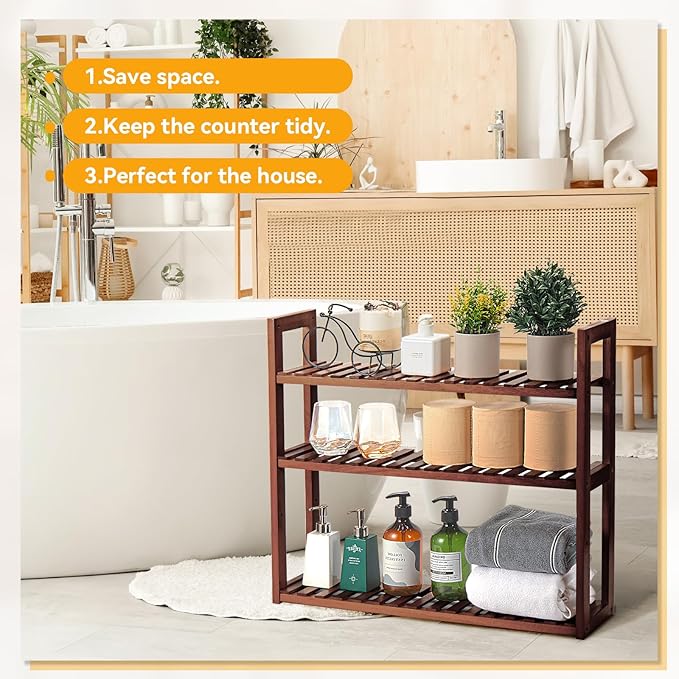Wood Bathroom Shelf, 3-Tier Adjustable Shoes Rack&Plants Rack, Wall-Mounted or Stand for Living Room (Walnut)