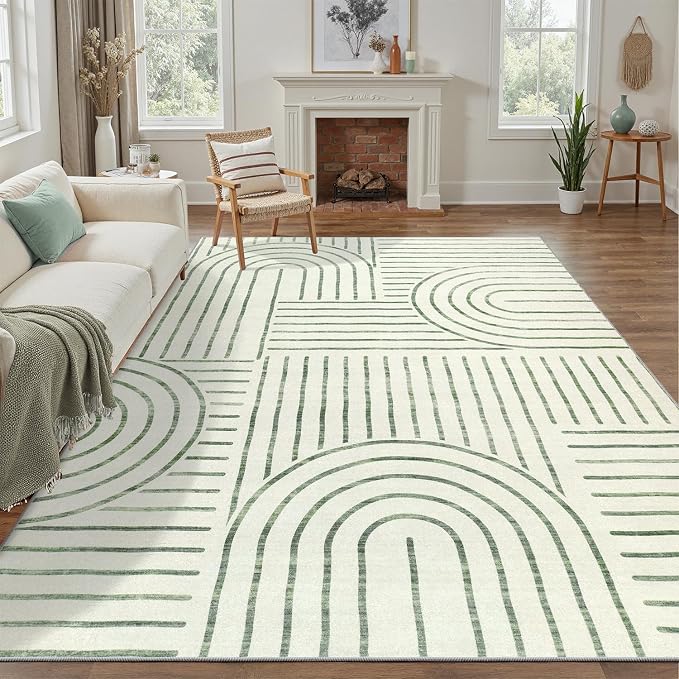 DCX Abstract Machine Washable 8x10 Rug, Sage Green Modern Accent Rug for Living Room, Soft Low Pile Non Slip Carpet, Kid & Pet Friendly Stain Resistant Rug for Bedroom Dining Room Office