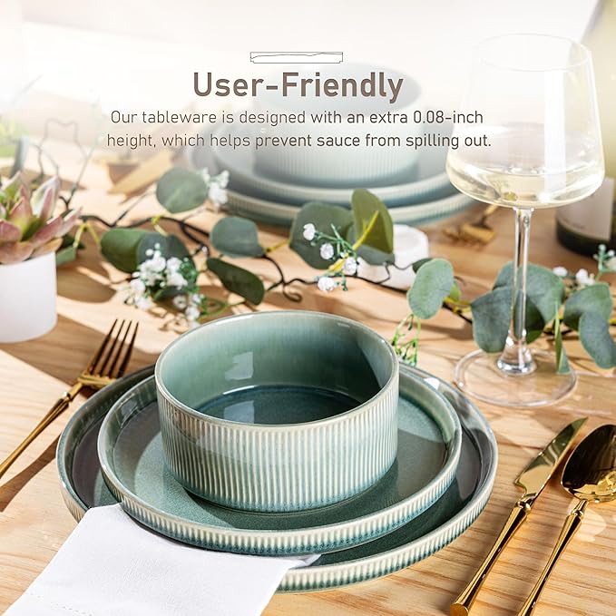 GBHOME 12-Piece Stoneware Dinnerware Set for 4 – Ribbed Ceramic Plates and Bowls, Scratch-Resistant, Microwave & Dishwasher Safe, Reactive Glaze, Malachite Green