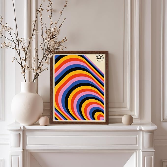 Poster Master Bauhaus Poster - Psychedelic Stripes Print - Abstract Art - Geometric Art - Graphic Design Art - Chic Boho Art - Mid Century Modern Art - Living Room Wall Decor - 8x10 Brown Framed