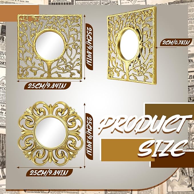 Fourluoo 3 Pack Gold Sunburst Mirrors for Wall Decor Circle Flowers Mirrors Decorative Gold Hanging Wall Art Flowers Mirror for Home Living Dinning Room Bedroom Bathroom Boho Decoration Art(Vintage)