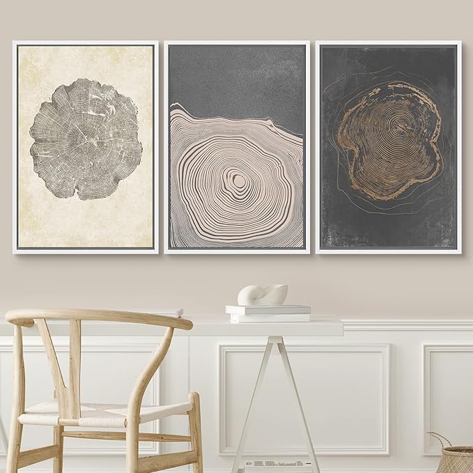 SIGNWIN Framed Canvas Print Wall Art Set Pastel Gray Wood Tree Ring Spirals Nature Abstract Drawings Modern Art Decorative Contemporary Minimal for Living Room, Bedroom, Office - 24"x36"x3 White