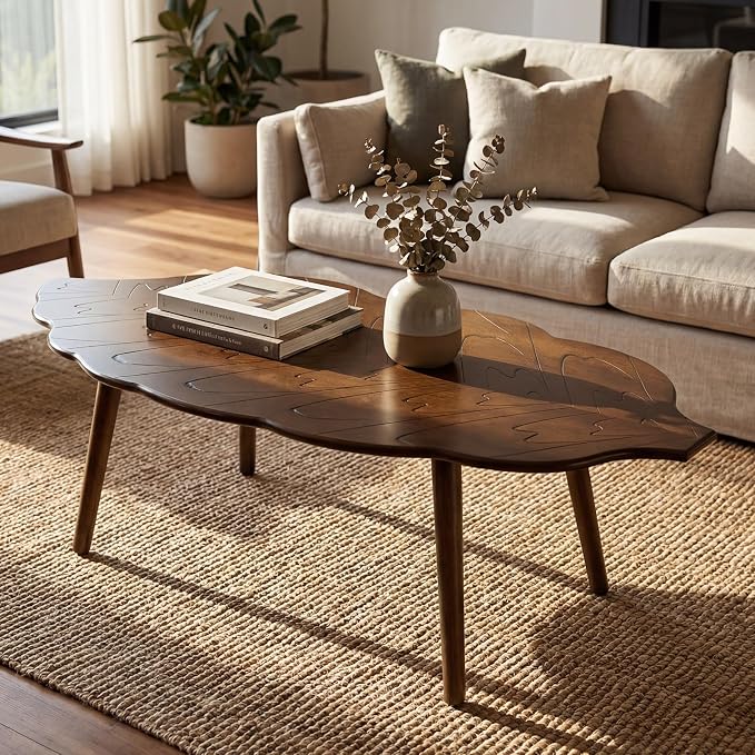 DUOMAY Mid-Century Modern Small Coffee Table, Solid Leaf-Shaped Wood Coffee Table for Living Room, Easy Assembly Center Table End Table with Wood Leg, Side Table for Bedroom Small Space, Brown