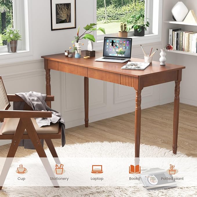 Solid Wood Desk with 2 Drawers - 47.2" Mid Century Modern Desks, Small Wooden Vintage Writing Desk, Fluted Design Walnut Home Office Computer Desks, Gaming Study Vanity Table for Living Room, Bedroom