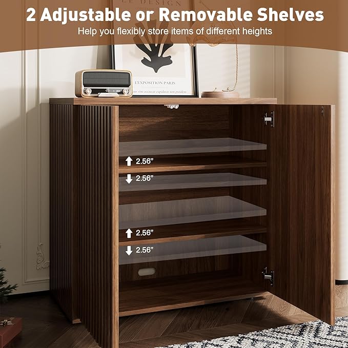 Rophefx Fluted Sideboard Cabinet, 63" Buffet Cabinet with Storage, Credenza Storage Cabinets with Adjustable Shelf, Wood Entryway Cabinets with Pop-up Doors for Living Room, Entryway, Hallway, Walnut